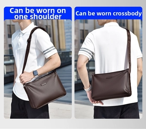 Brown leather business bag showing both shoulder and crossbody carrying styles for men
