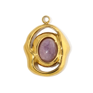Detail of a gold-plated titanium steel pendant featuring a purple oval natural gemstone