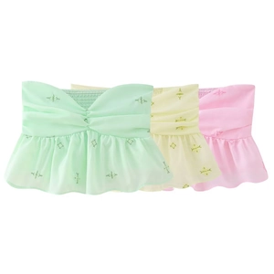 Haut Bustier Sans Bretelles Femme Broderie Smocké Volants Basque Polyester Été Doux Frais Crop Top