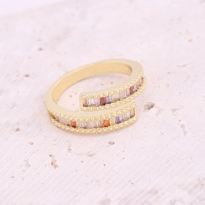 Gold plated open ring with multi-color cubic zirconia and beaded edge detailing