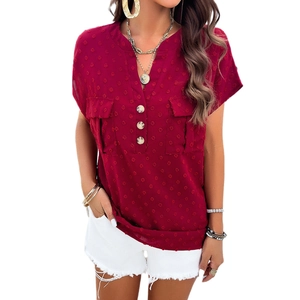 Elegant wine red V-neck women's short sleeve shirt with white polka dots and front buttons