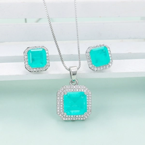 Vintage Square Paraiba Blue Rhinestone Jewelry Set Silver Plated Copper Pendant Necklace And Stud Earrings For Women Jewelry