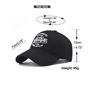 Size chart for black cotton vintage baseball cap with detailed embroidery measurements