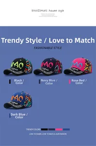 Détail de casquettes de baseball colorées avec motifs floraux et broderie WAO en 3D