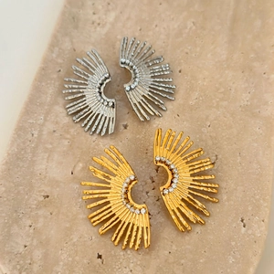 Vintage 18k gold and silver plated titanium steel sunburst earrings with zircon accents