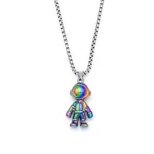 Rainbow astronaut pendant necklace with silver box chain for hip-hop couple style