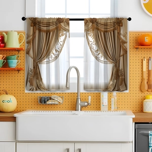 Luxurious beige kitchen curtains with valance and tassels above a white farmhouse sink