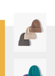 Detailed grid showing ribbed knit beanies in dark grey, beige, brown, and teal colors