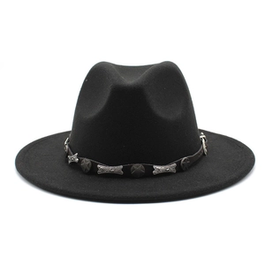 Classic black wool fedora hat with vintage wide brim and metal studded decorative band