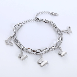 Double-layered stainless steel bracelet with matte and hollow butterfly charms on white background