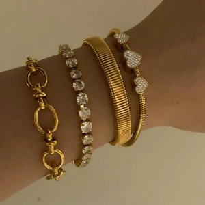 Elegant gold stacked bracelet set with diamond watch band chain and heart charms