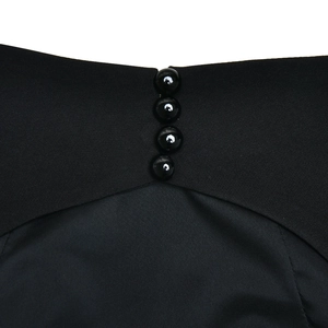 Detail of back collar featuring a spliced fabric design and four glossy black buttons