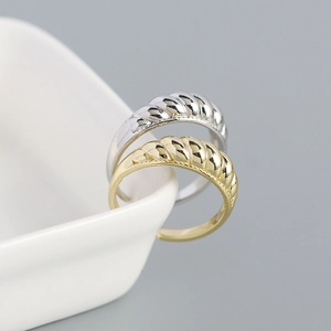 Close-up of twisted rope texture rings in gold and silver finish on ceramic plate