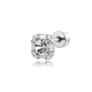 Square titanium steel stud earring with halo crystal stones and screw back flat base