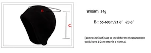Detailed size chart for fleece ear protection hat with 55-60cm circumference and 34g weight