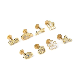 Set of 8 gold stainless steel flat back ear studs with various zircon crystal shapes