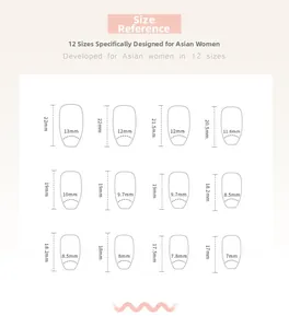 Size chart for press-on nails showing 12 dimensions for blush pink artificial nail tips