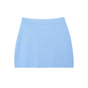 Short-sleeved knit jacket and light blue mini skirt set with contrasting colors