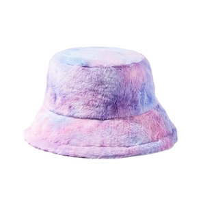 Plush tie-dye bucket hat in purple pink and blue faux fur for winter warmth and fashion