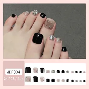 Detailed press-on toenails set JDP004 with black, taupe and silver star glitters