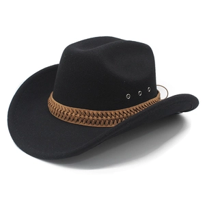 Detail of black felt cowboy hat featuring metal eyelets and a brown braided leather band
