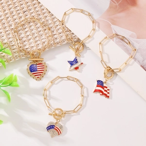 Gold US flag charm bracelets with heart and star enamel pendants for Independence Day
