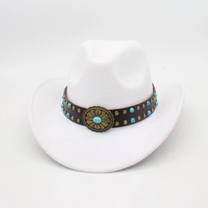 Detail of white felt cowboy hat with leather band featuring turquoise beads and metal studs