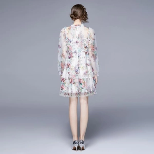 Bedrucktes Mesh-Kleid mit langen Ärmeln und Spitzenbesatz in der Rückansicht gezeigt
