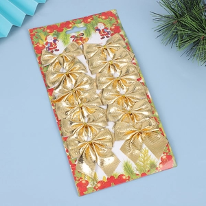Set of 12 golden Christmas tree decorative bows displayed on a blue festive background