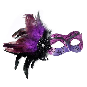 Masque de mascarade vénitien à plumes violettes et noires avec paillettes et bijou central