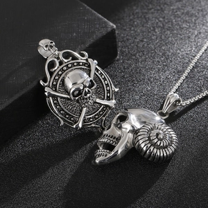 Punk style stainless steel necklaces with ram horn skull and crossbone round pendants