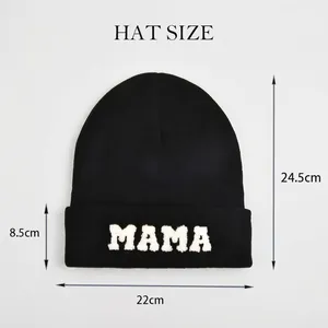 Winter knitted beanie with MAMA embroidery and detailed size guide showing dimensions