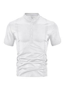 Close-up of white short sleeve polo shirt featuring texture stripes and four-button placket