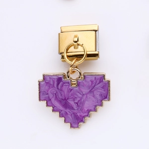 Golden stainless steel link with purple pixel heart charm in marble resin for DIY bracelets