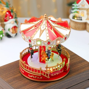 Luminous carousel music box in red and gold with LED lights for Christmas decor