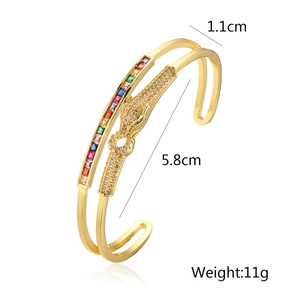 Luxury leopard head gold cuff bracelet with colorful zircons and geometric open design