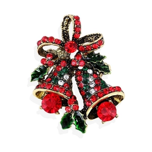 Vintage Christmas Double Bell Brooch Alloy Rhinestone Inlaid Bowknot Festive Corsage Pin For Women Men Holiday Jewelry Gift
