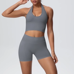 Breathable halter sports bra and high waist seamless shorts set in dark grey
