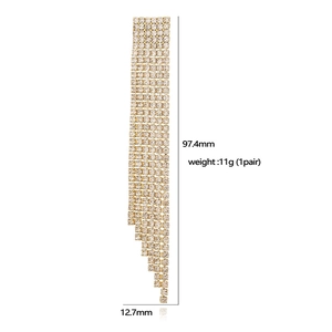 Golden fringe drop earrings with square zircon tassels and crystals, length 97.4mm