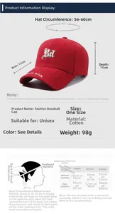 Guide des tailles pour casquette de baseball en coton montrant le tour de tête 56-60cm
