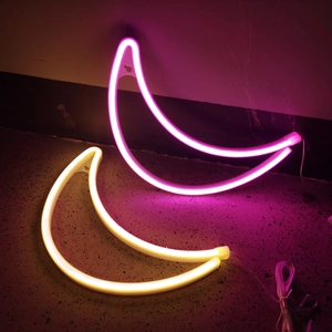 Pink and warm yellow LED moon-shaped neon signs for creative wall decoration and cozy lighting