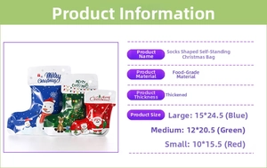 Three sizes of Christmas sock-shaped stand-up bags with snowman and reindeer patterns