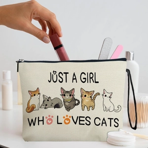Cute Cat Cartoon Makeup Bag Dense Linen Portable Travel Cosmetic Pouch With Zipper And Wristlet Strap For Women Girls