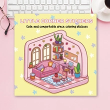 Detailed view of DIY miniature little corner PET stickers with pink sofa and bookshelf illustration