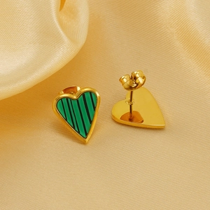 French style heart stud earrings with green malachite texture and gold titanium plating
