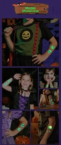 Luminous Halloween tattoos featuring bats and moons glowing on a child's arm at night