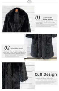 Detail of black faux fur coat featuring lapel collar, plush texture and straight cuffs