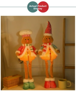 Close-up of glowing gingerbread man plush dolls with LED lights and sequin details