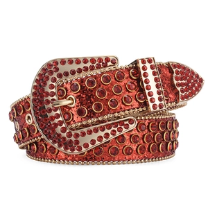 Y2K punk style wide red leather belt with sparkling red rhinestones and gold buckles