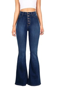Front view of high waist dark blue flare jeans with five-button fly on white background